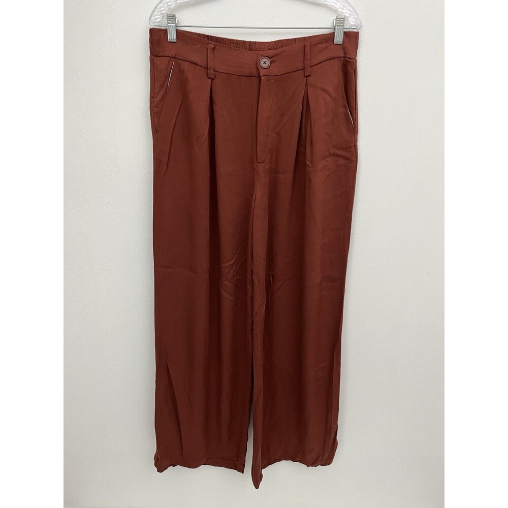 REgeneration Celebrity Pink Wide Leg Crop Pants L Pleated Rayon Terracotta Brown